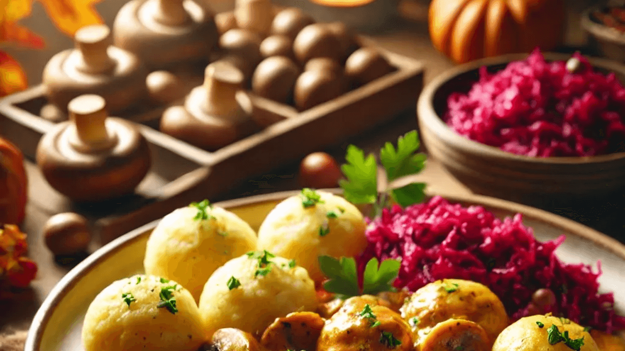 Kastanien-Pilz-Ragout mit Klößen und Rotkohl