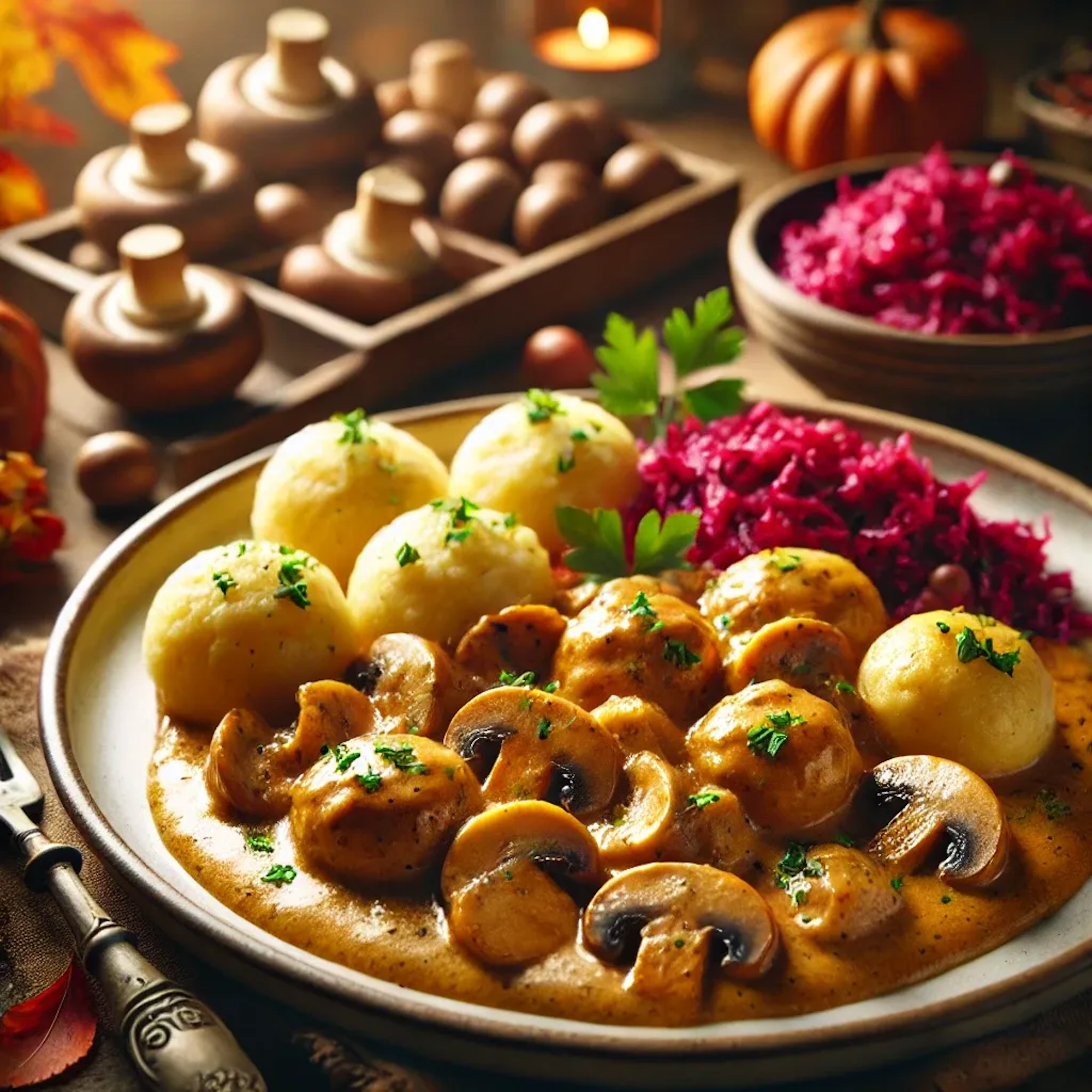 Kastanien-Pilz-Ragout mit Klößen und Rotkohl