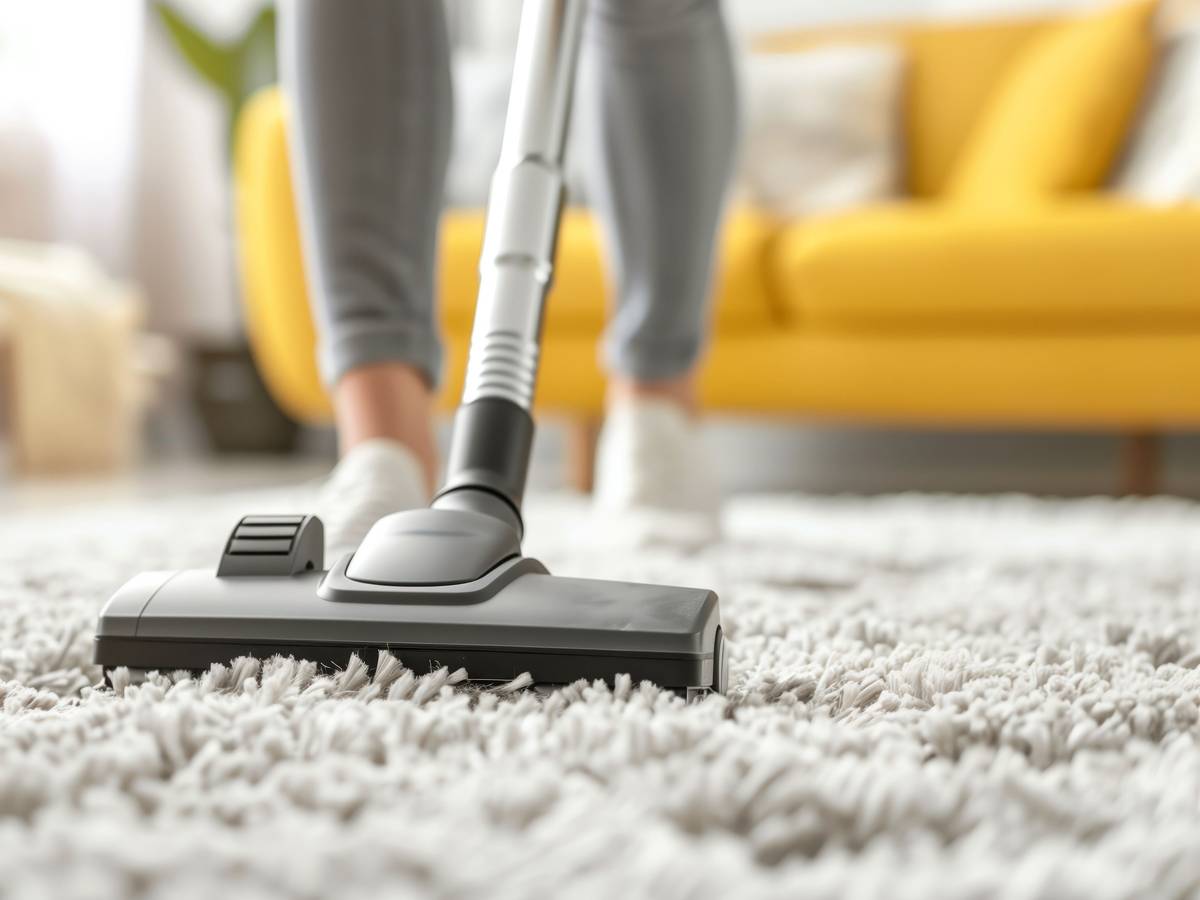 Person saugt Teppich im Wohnzimmer mit Staubsauger.