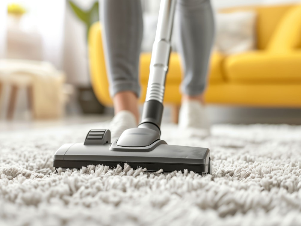 Person saugt Teppich im Wohnzimmer mit Staubsauger.