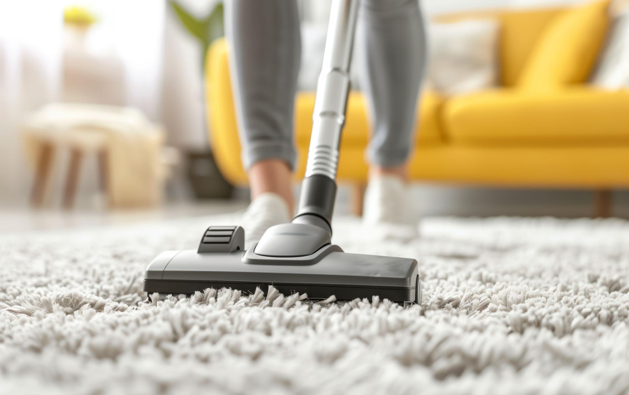 Person saugt Teppich im Wohnzimmer mit Staubsauger.