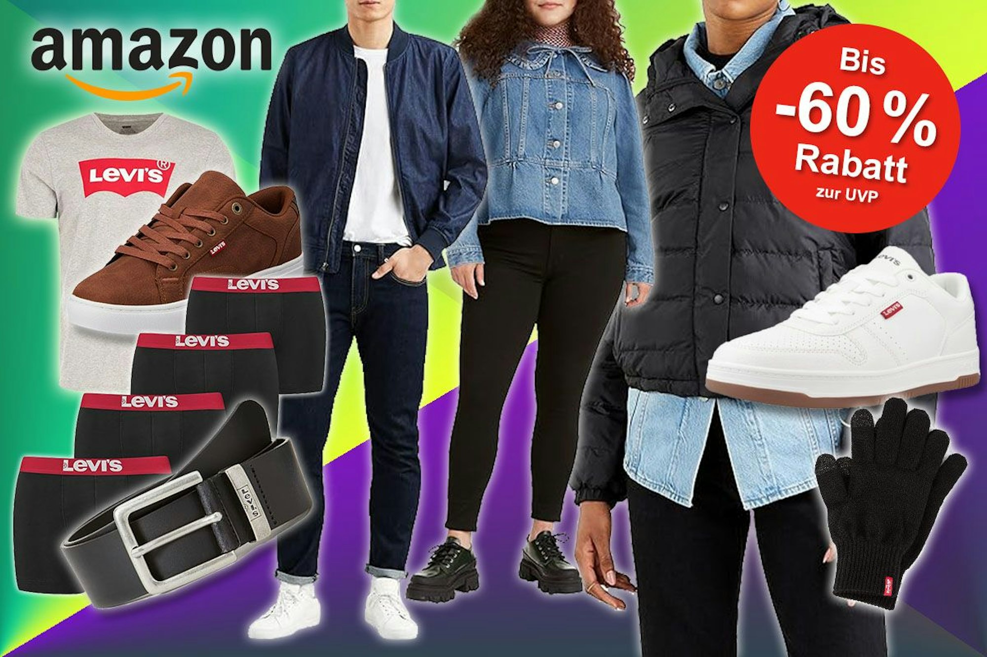 Levi's Mode getragen von Models sowie Accessoires. Jeanshosen, Jacken, Denimwear, Gürtel, Sneaker und Shirts in den im Amazon Angeboten.