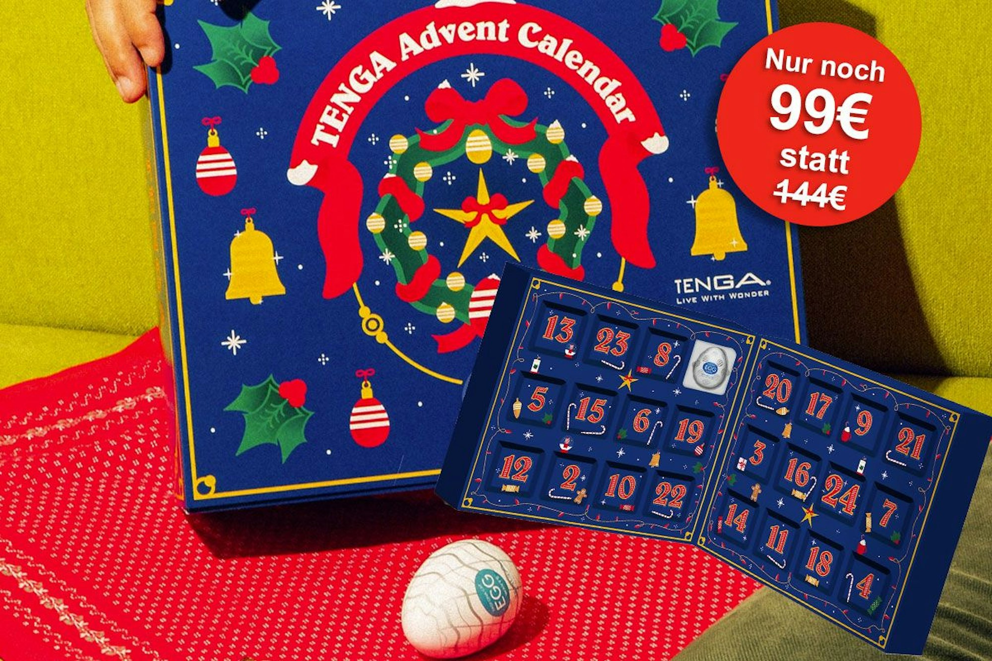 Auf dem Bild ist der Adventskalender von Tenga 2024 zu sehen.