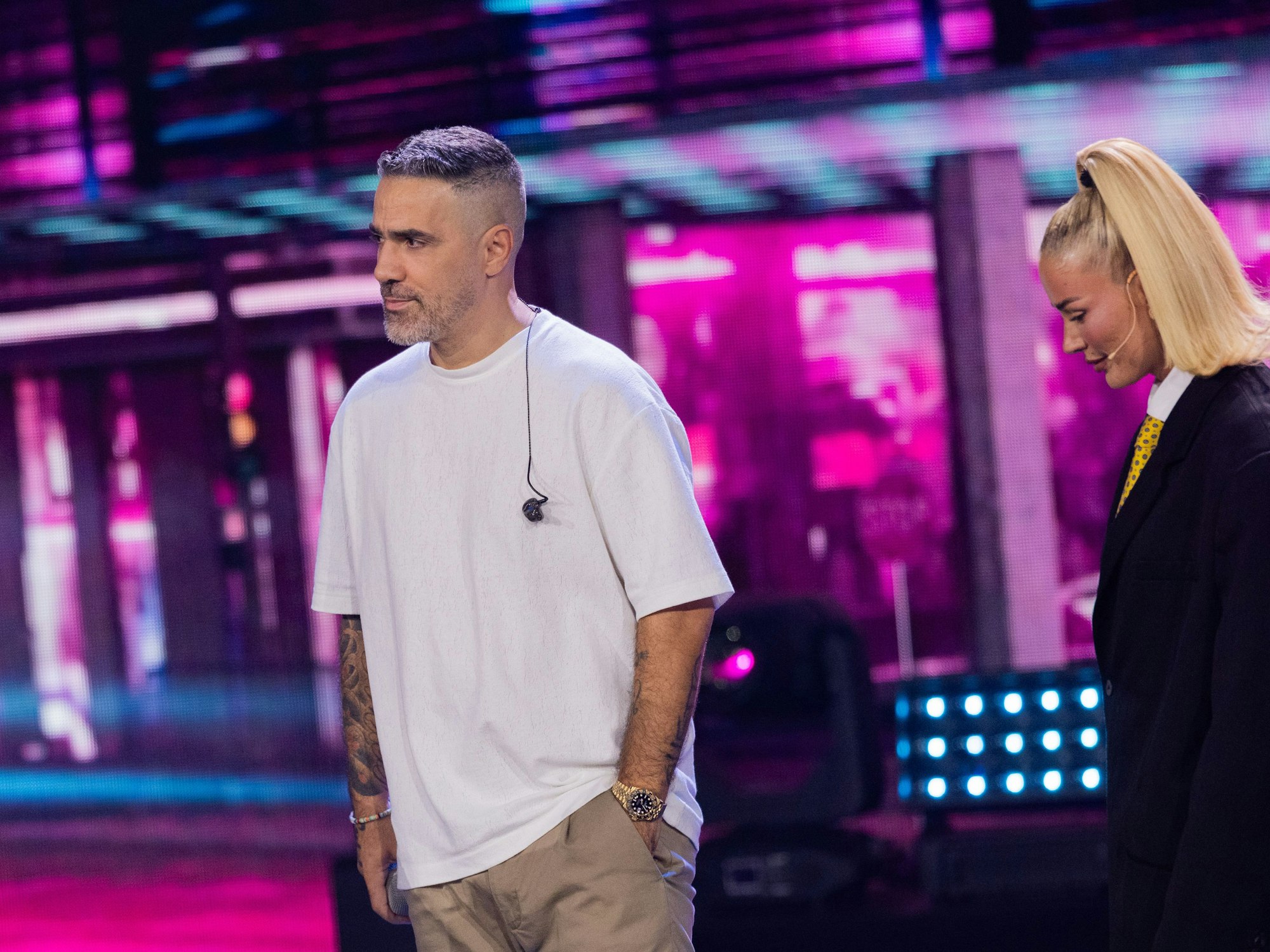 Überraschungsgast Bushido und Jurymitglied Loredana stehen im Finale der RTL Castingshow „Deutschland sucht den Superstar“ im Coloneum auf der Bühne.