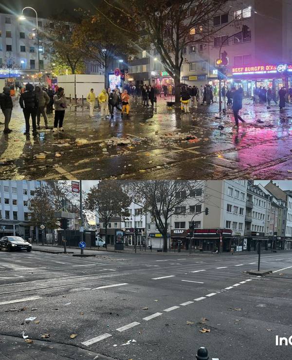 Zehn Stunden liegen zwischen den beiden Fotos. Oben ist die Zülpicher Straße am Montagabend (11. November 2024) gegen 22.30 Uhr zu sehen, unten am Dienstagmorgen gegen 8.30 Uhr.
