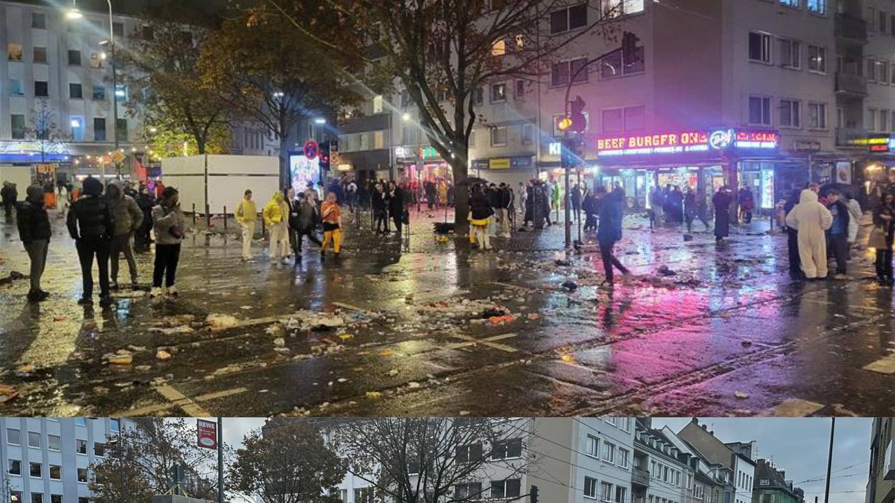 Zehn Stunden liegen zwischen den beiden Fotos. Oben ist die Zülpicher Straße am Montagabend (11. November 2024) gegen 22.30 Uhr zu sehen, unten am Dienstagmorgen gegen 8.30 Uhr.