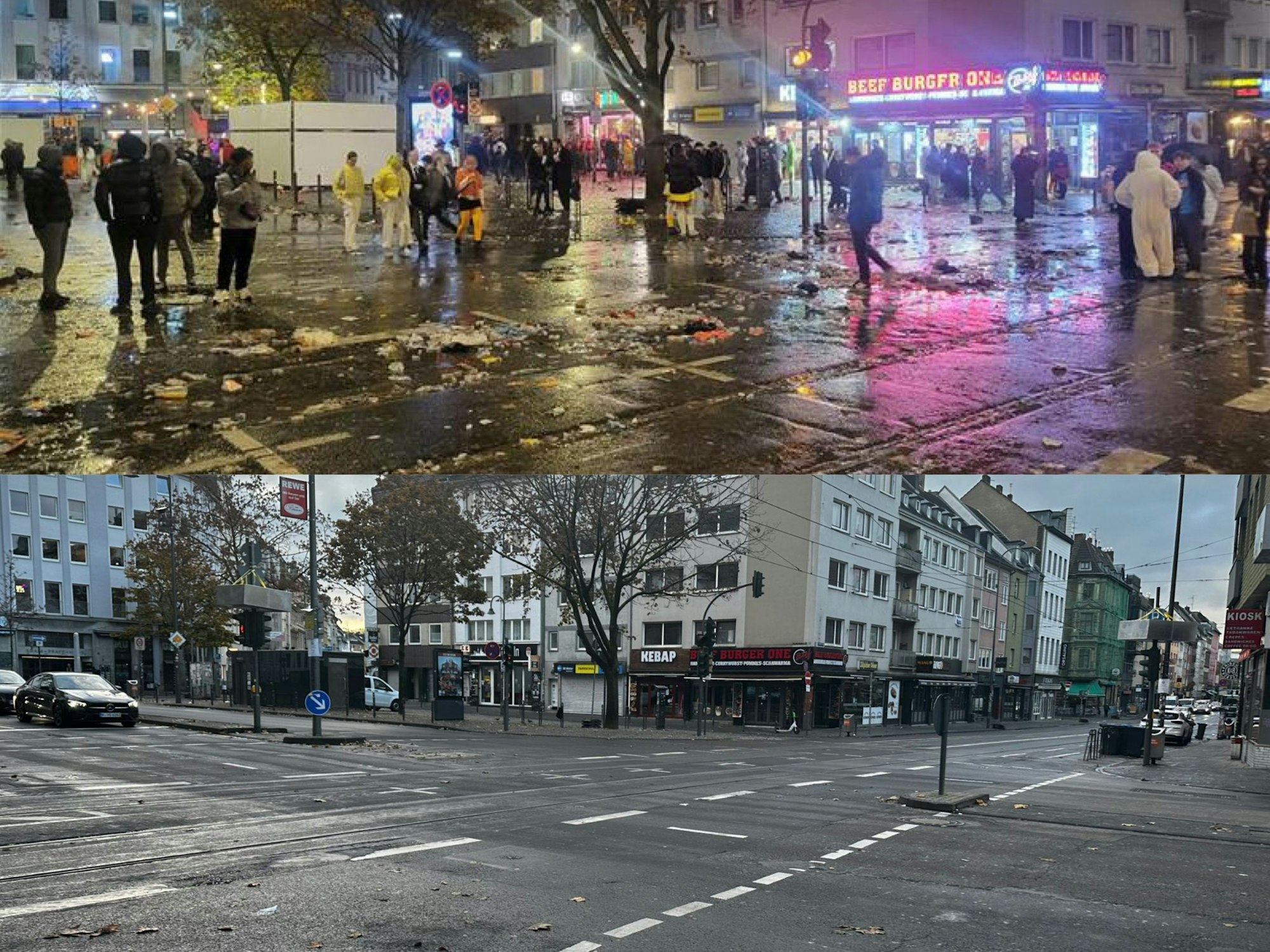 Zehn Stunden liegen zwischen den beiden Fotos. Oben ist die Zülpicher Straße am Montagabend (11. November 2024) gegen 22.30 Uhr zu sehen, unten am Dienstagmorgen gegen 8.30 Uhr.