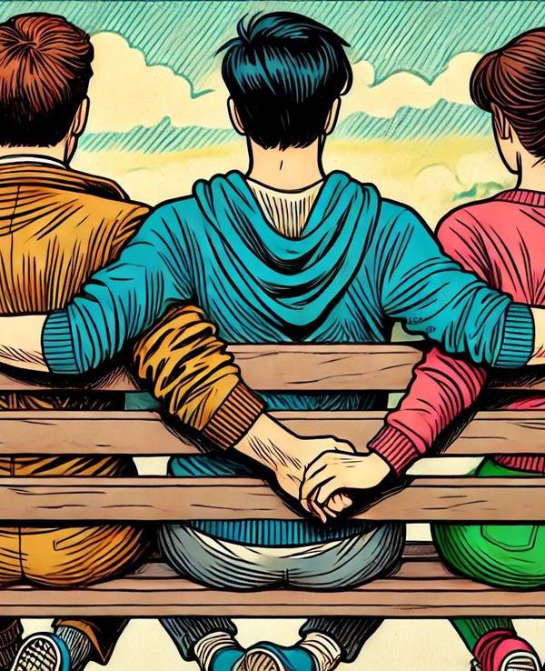 Drei Personen sitzen auf einer Parkbank, zwei halten sich dabei an den Händen. Bild im Comic-Stil.