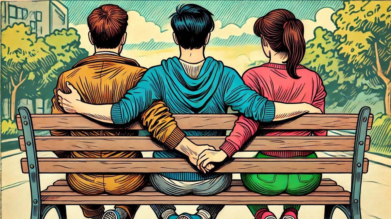 Drei Personen sitzen auf einer Parkbank, zwei halten sich dabei an den Händen. Bild im Comic-Stil.