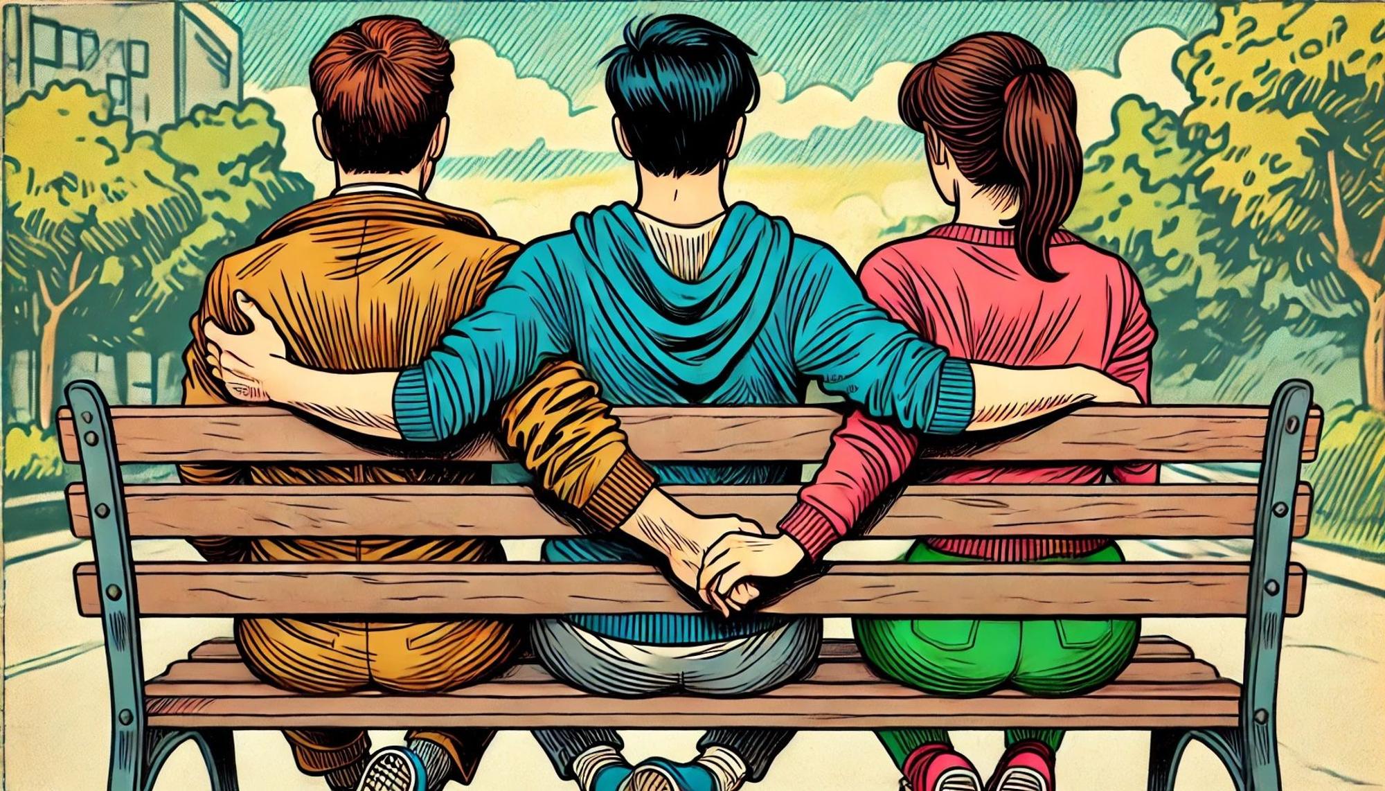 Drei Personen sitzen auf einer Parkbank, zwei halten sich dabei an den Händen. Bild im Comic-Stil.