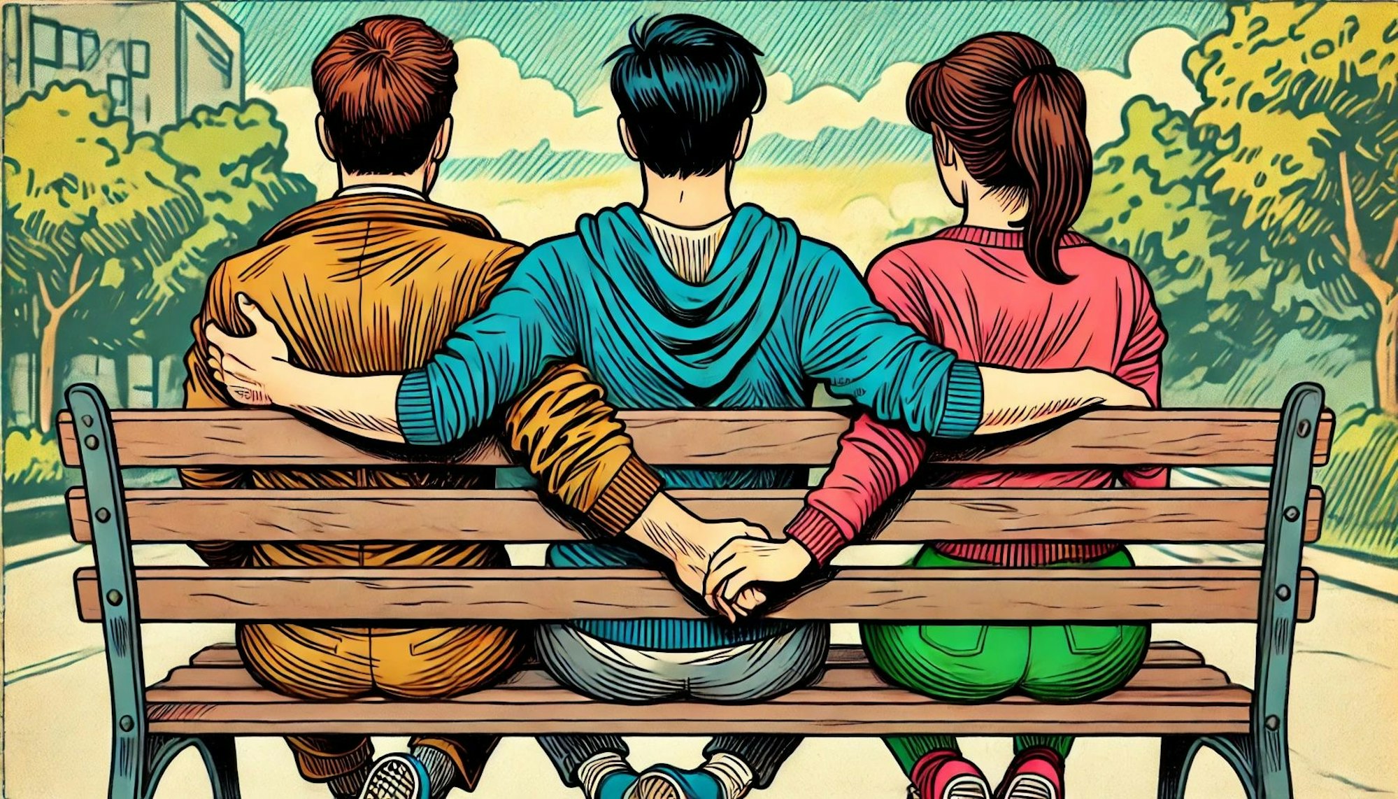 Drei Personen sitzen auf einer Parkbank, zwei halten sich dabei an den Händen. Bild im Comic-Stil.