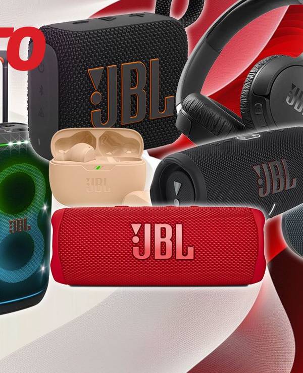 Darstellung von Lautsprechern und Kopfhörer der Marke JBL auf rot weißem Hintergrund mit OTTO Logo