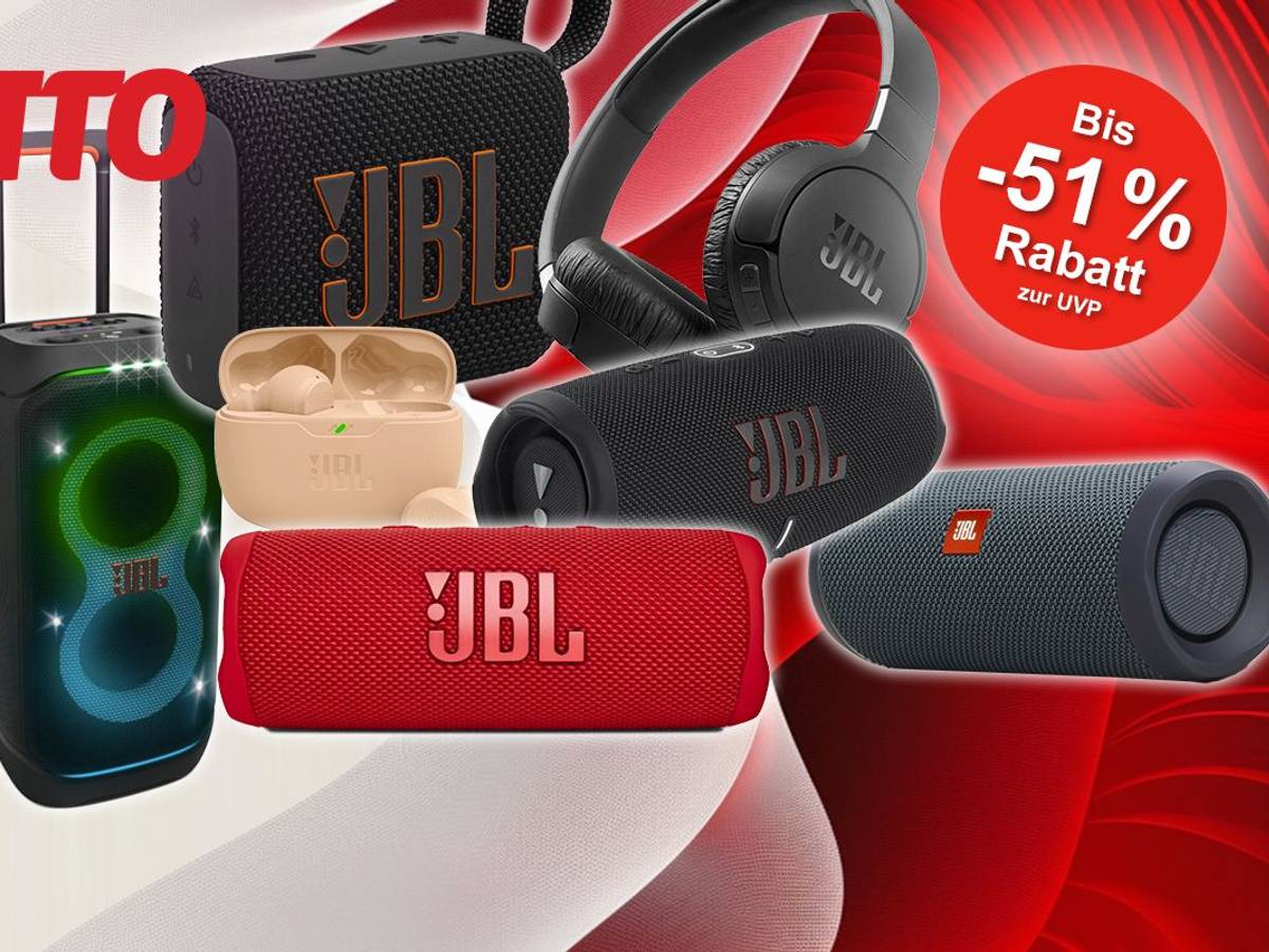 Darstellung von Lautsprechern und Kopfhörer der Marke JBL auf rot weißem Hintergrund mit OTTO Logo