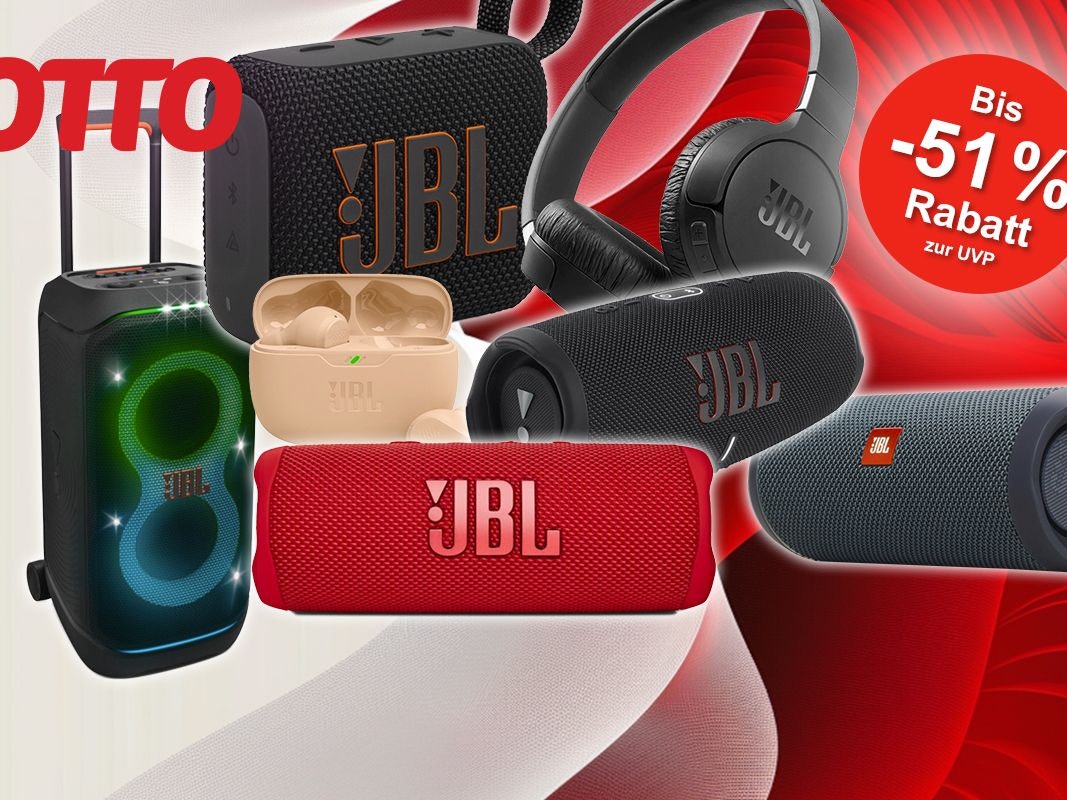Darstellung von Lautsprechern und Kopfhörer der Marke JBL auf rot weißem Hintergrund mit OTTO Logo