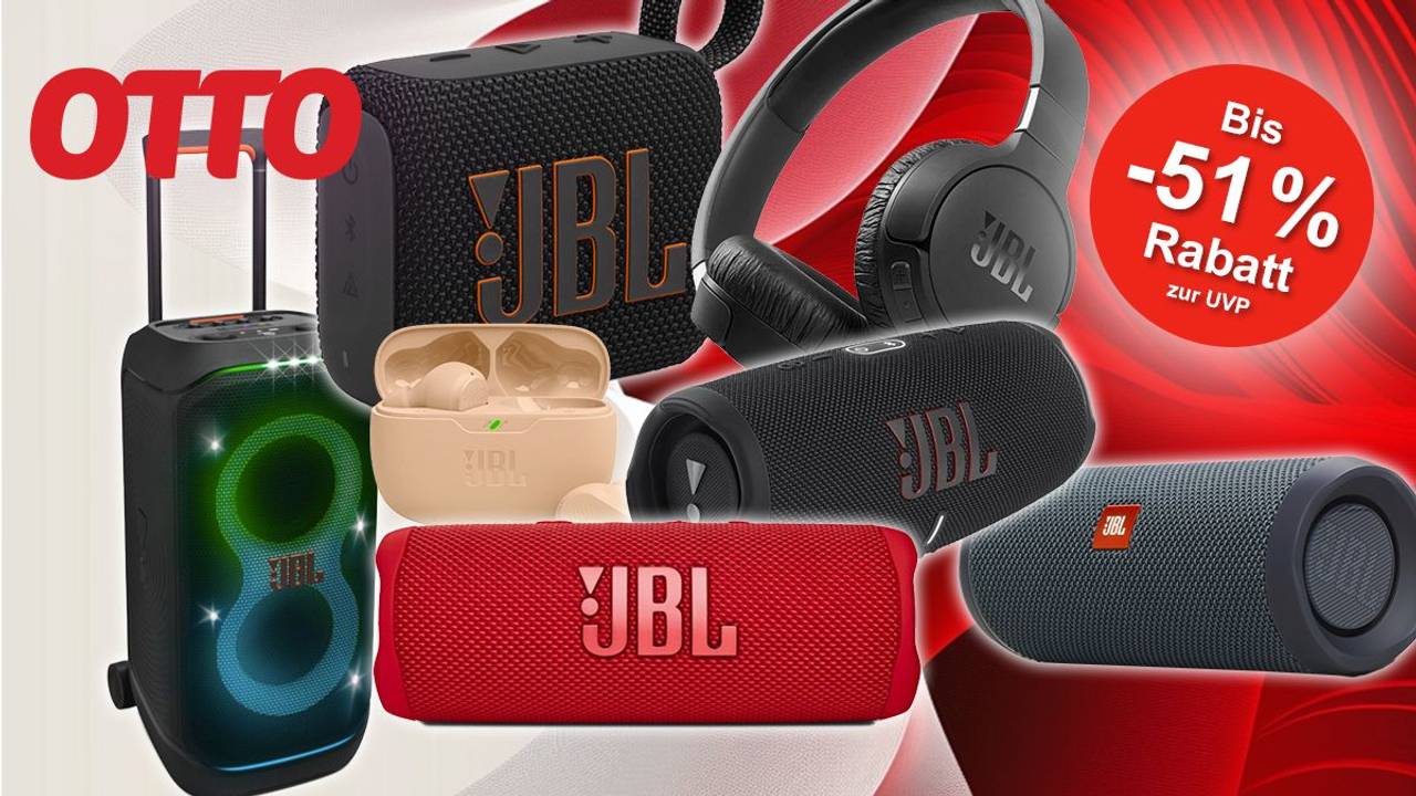 Darstellung von Lautsprechern und Kopfhörer der Marke JBL auf rot weißem Hintergrund mit OTTO Logo