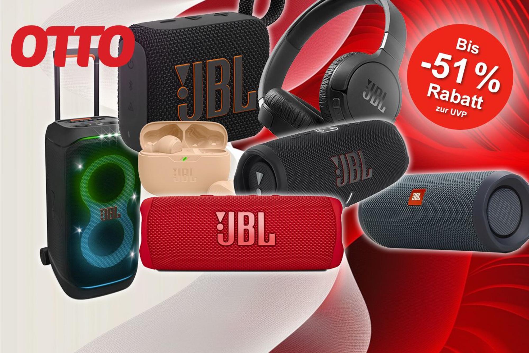 Darstellung von Lautsprechern und Kopfhörer der Marke JBL auf rot weißem Hintergrund mit OTTO Logo