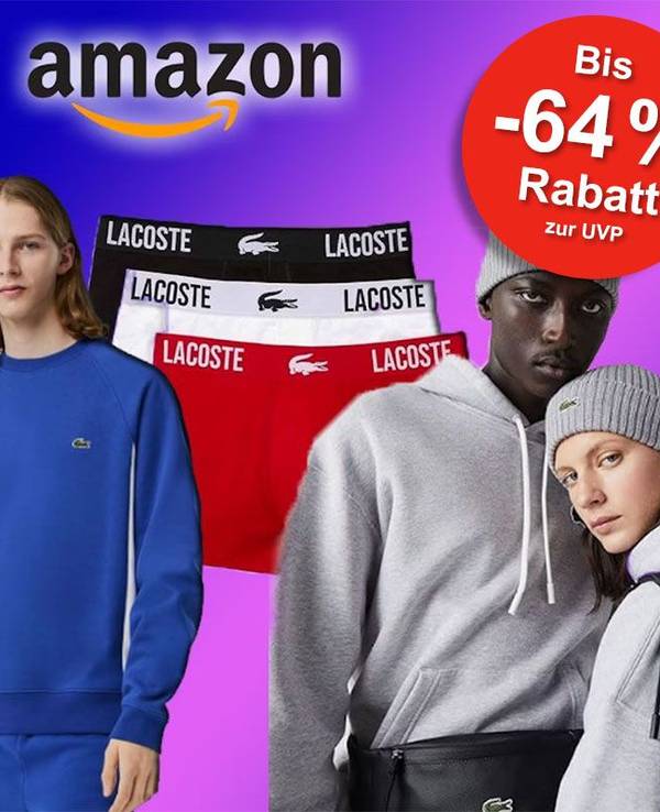 Kleidung und Sneaker der Marke Lacoste, getragen von Fashion Models vor einem rosa-dunkelblauen Hintergrund.