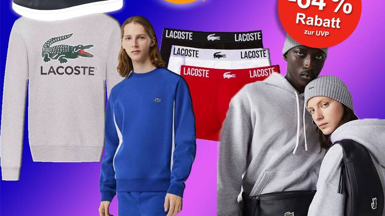 Kleidung und Sneaker der Marke Lacoste, getragen von Fashion Models vor einem rosa-dunkelblauen Hintergrund.