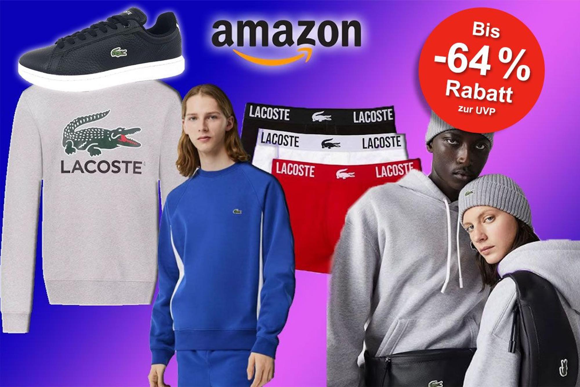 Kleidung und Sneaker der Marke Lacoste, getragen von Fashion Models vor einem rosa-dunkelblauen Hintergrund.