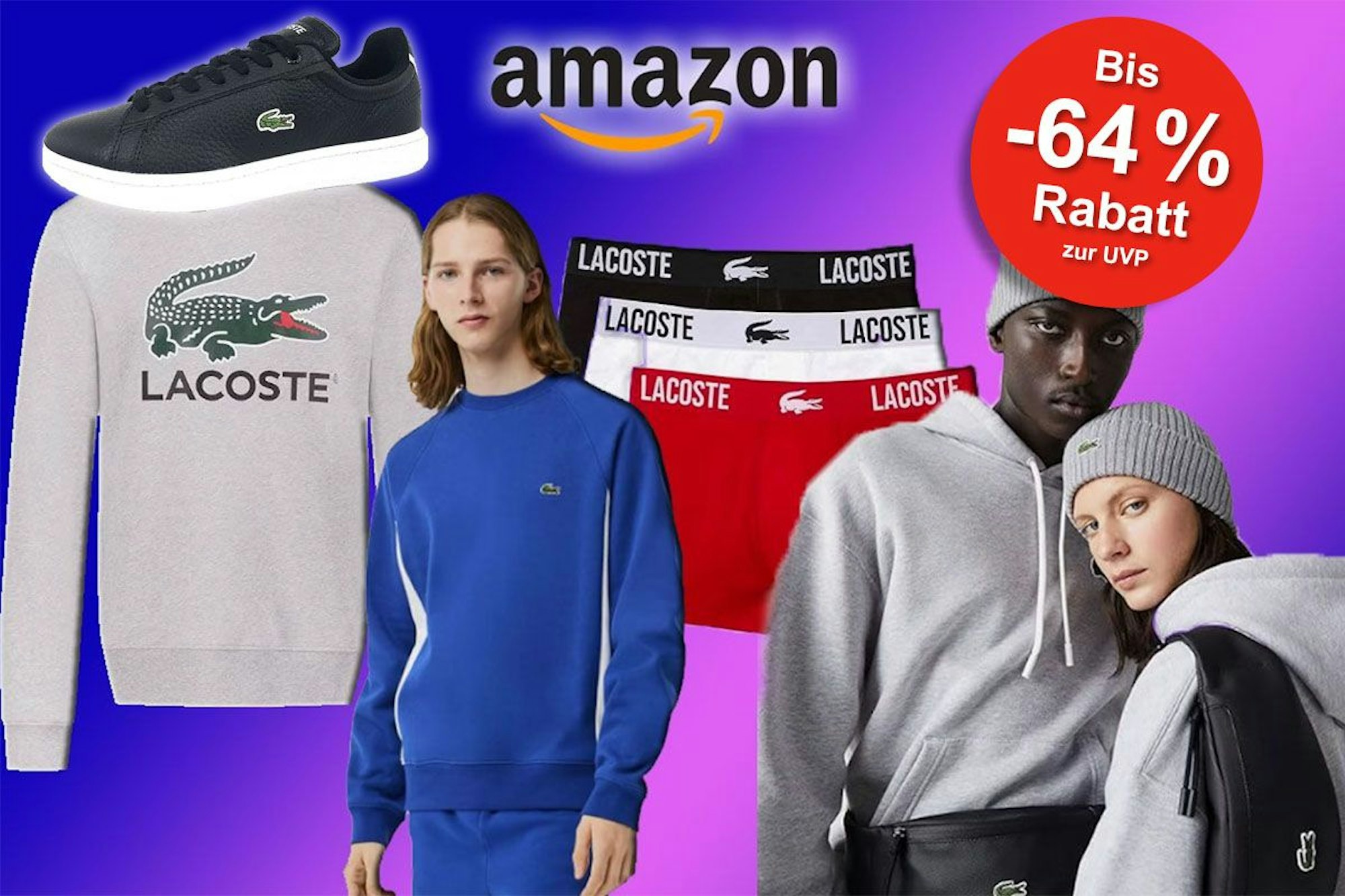 Kleidung und Sneaker der Marke Lacoste, getragen von Fashion Models vor einem rosa-dunkelblauen Hintergrund.
