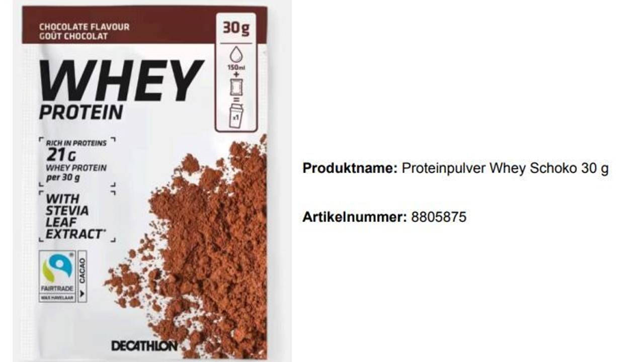 Proteinpulver Whey Schoko 30 g - Rückruf 2024. Trotz eingehender Sicherheits- und Qualitätskontrollen haben wir festgestellt, dass eineCharge des Produktes Proteinpulver Whey Schoko 30 g nicht den erwartetenSicherheitsanforderungen entspricht. Hierbei handelt es sich um einen Produktionsfehler in derFabrik, in der das Produkt hergestellt wurde. Der Produktionsfehler könnte zum Vorhandenseineines metallischen Fremdkörpers führen, der ein Risiko für körperliche Schäden beimVerbraucher mit sich bringen könnte. Betroffene Charge: 2429700006 / MHD (Mindesthaltbarkeitsdatum): 02/2026