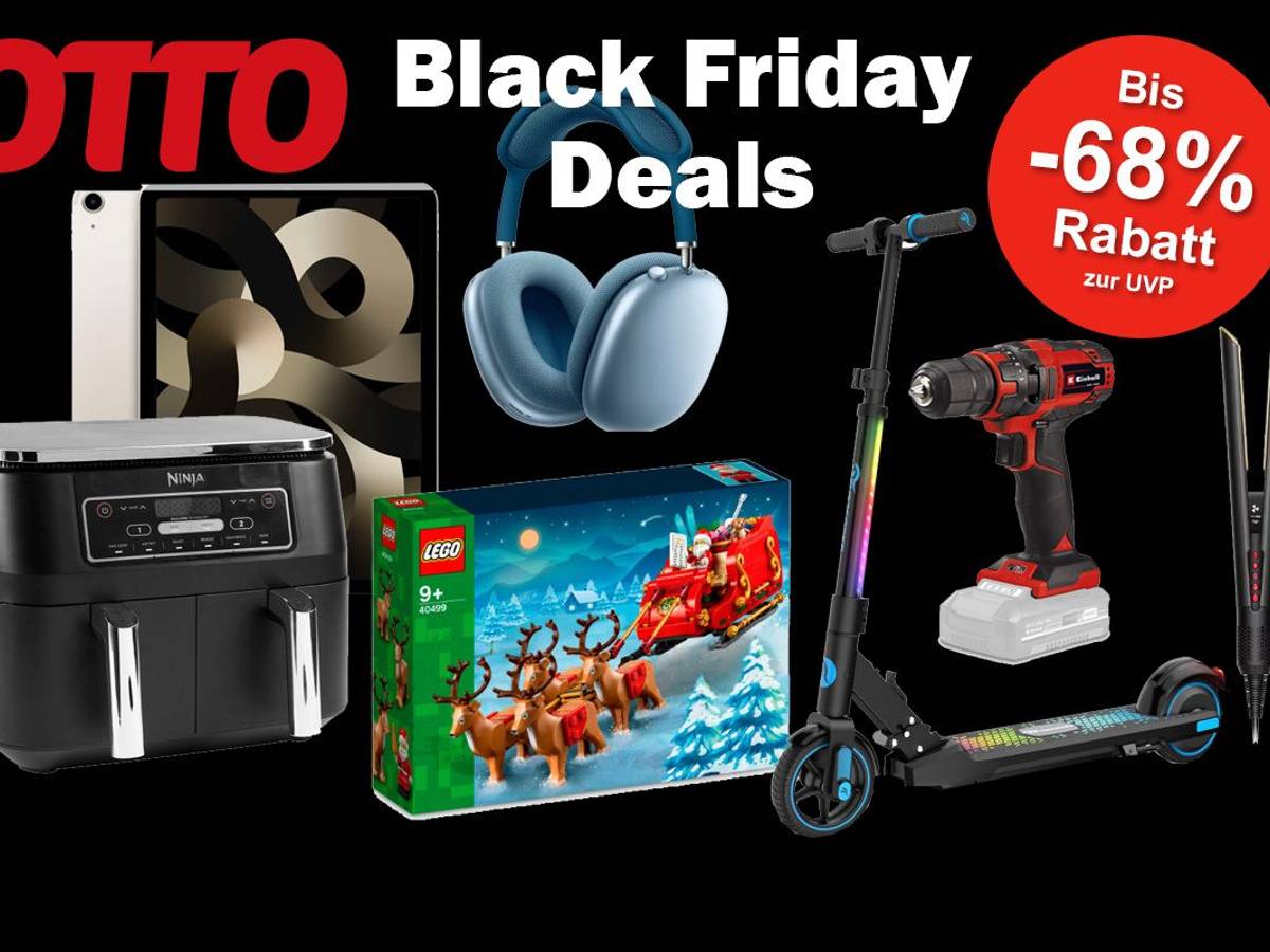 Produktbilder von iPad, AirPods, Airfryer, LEGO, E-Roller, Akkuschrauber und Glätteisen vor einem schwarzen Hintergrund, Text oben Mitte: Black Friday Deals