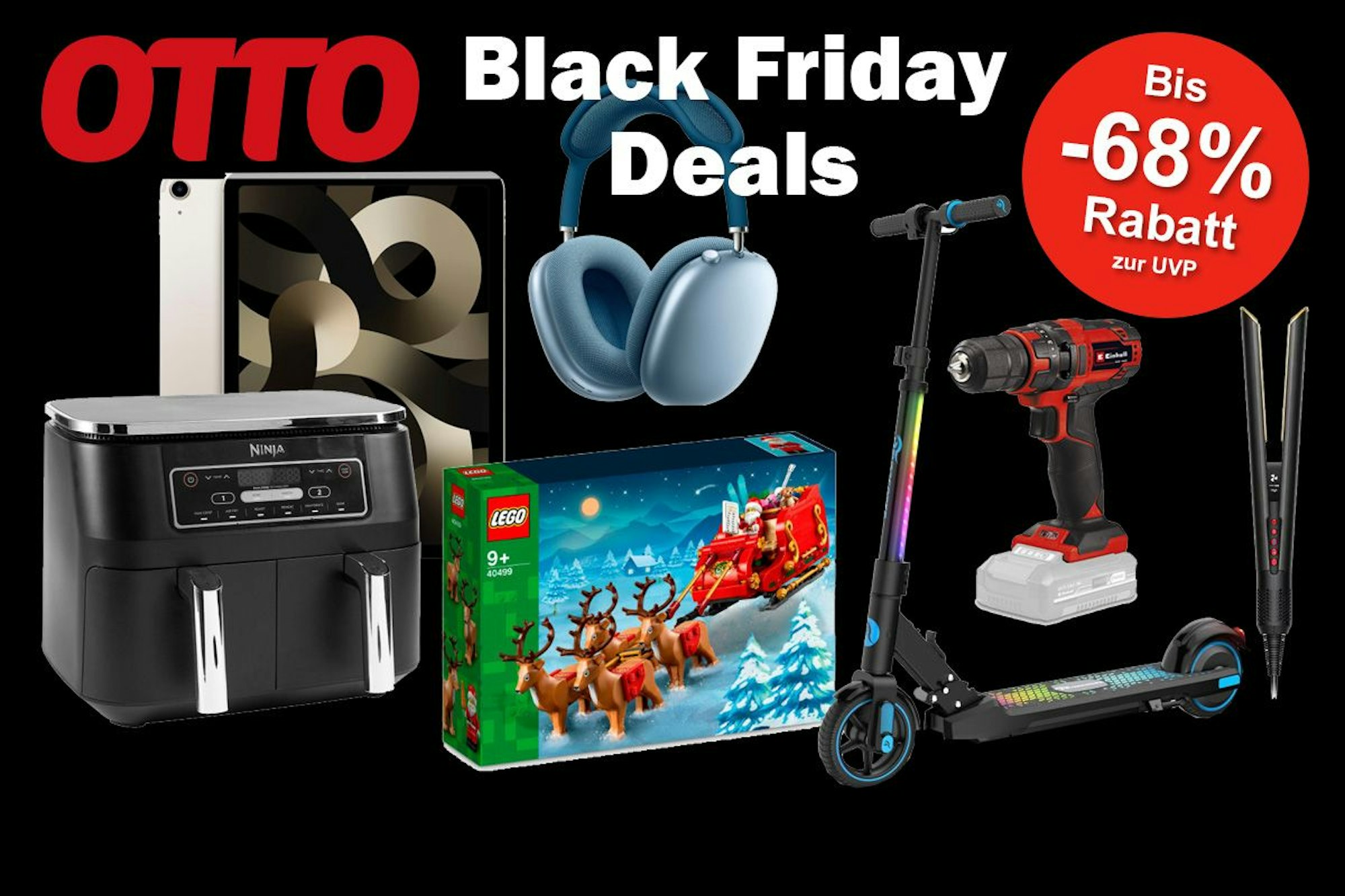 Produktbilder von iPad, AirPods, Airfryer, LEGO, E-Roller, Akkuschrauber und Glätteisen vor einem schwarzen Hintergrund, Text oben Mitte: Black Friday Deals