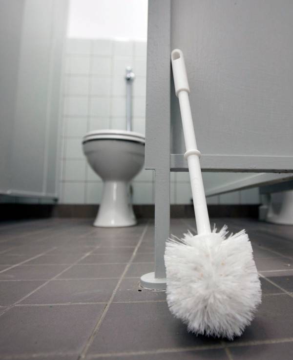 Eine Klobürste lehnt am 13.03.2012 an einer Tür im Toilettentrakt eine Schule in Groß-Bieberau.