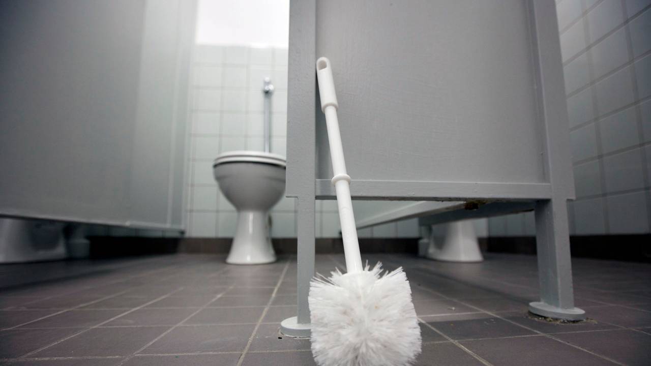 Eine Klobürste lehnt am 13.03.2012 an einer Tür im Toilettentrakt eine Schule in Groß-Bieberau.