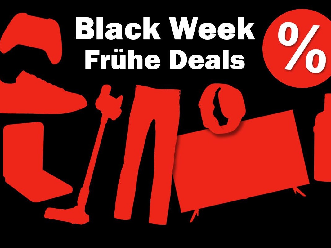 Rote Silhouetten von verschiedenen Produkten wie Hose, Akkustaubsauger, Fernseher, Sneaker, Spirituosenflasche, Smartphone und Smartwatch vor einem schwarzen Hintergrund.