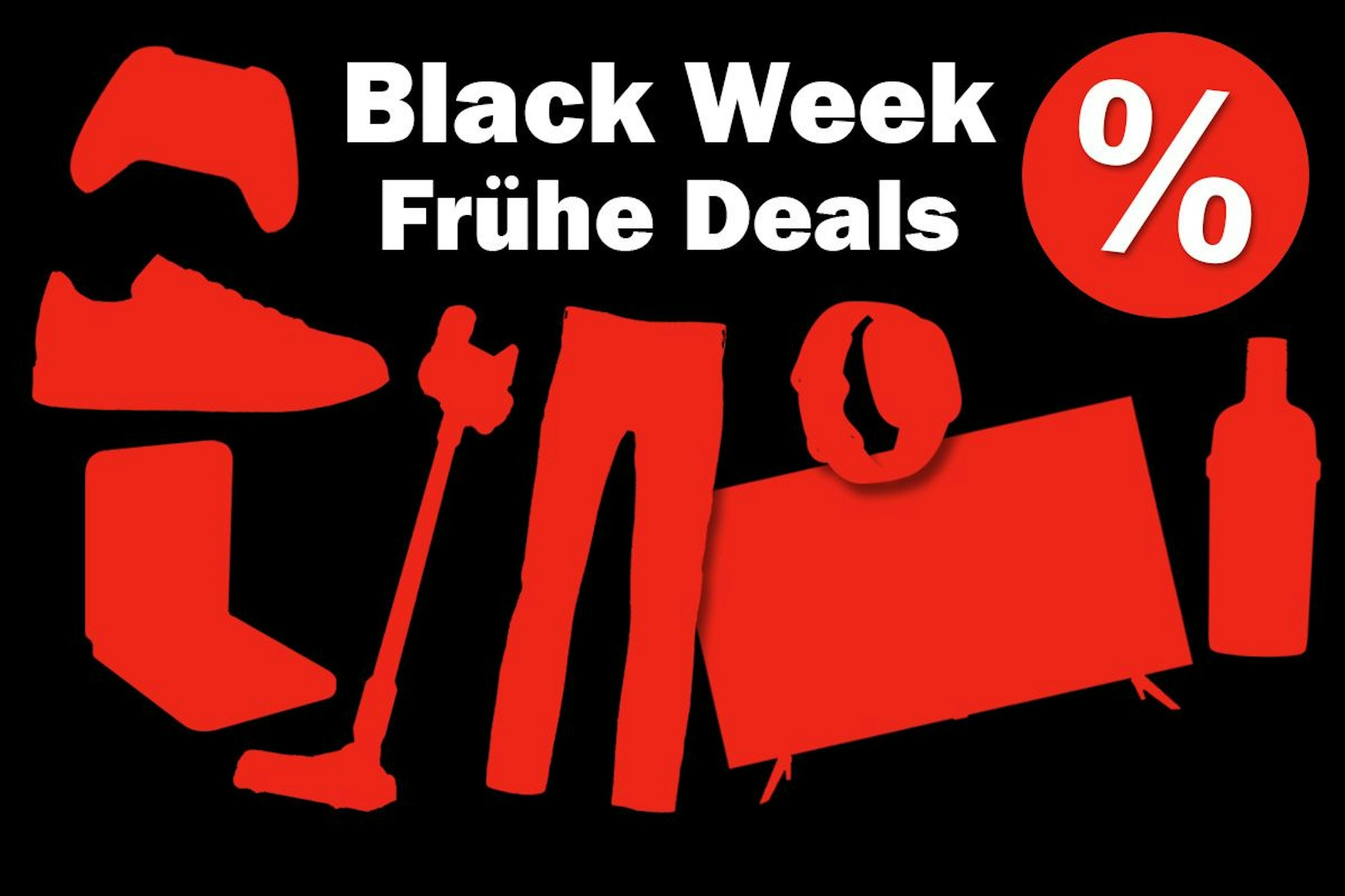 Rote Silhouetten von verschiedenen Produkten wie Hose, Akkustaubsauger, Fernseher, Sneaker, Spirituosenflasche, Smartphone und Smartwatch vor einem schwarzen Hintergrund.