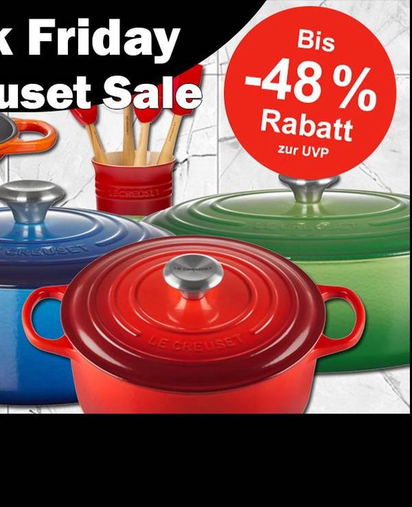 Verschiedene Produktbilder von Le Creuset Töpfen, Pfannen und Geschirr vor einem weißen Fliesen Hintergrund