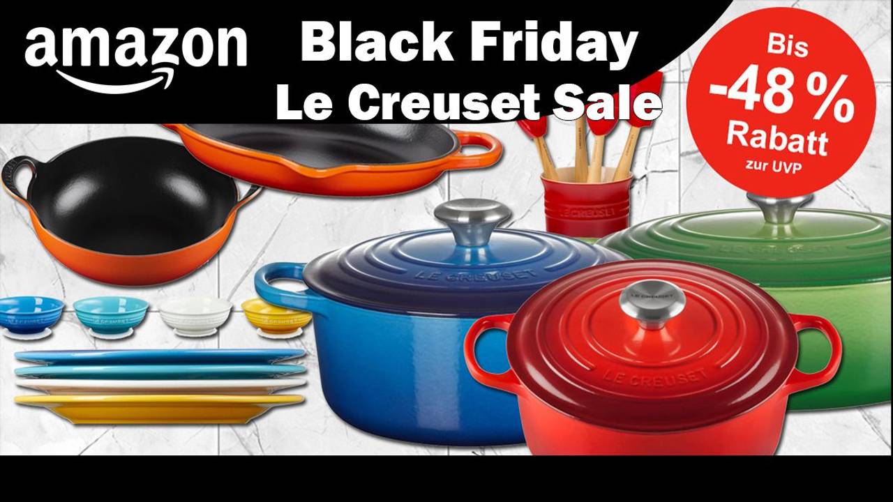 Verschiedene Produktbilder von Le Creuset Töpfen, Pfannen und Geschirr vor einem weißen Fliesen Hintergrund