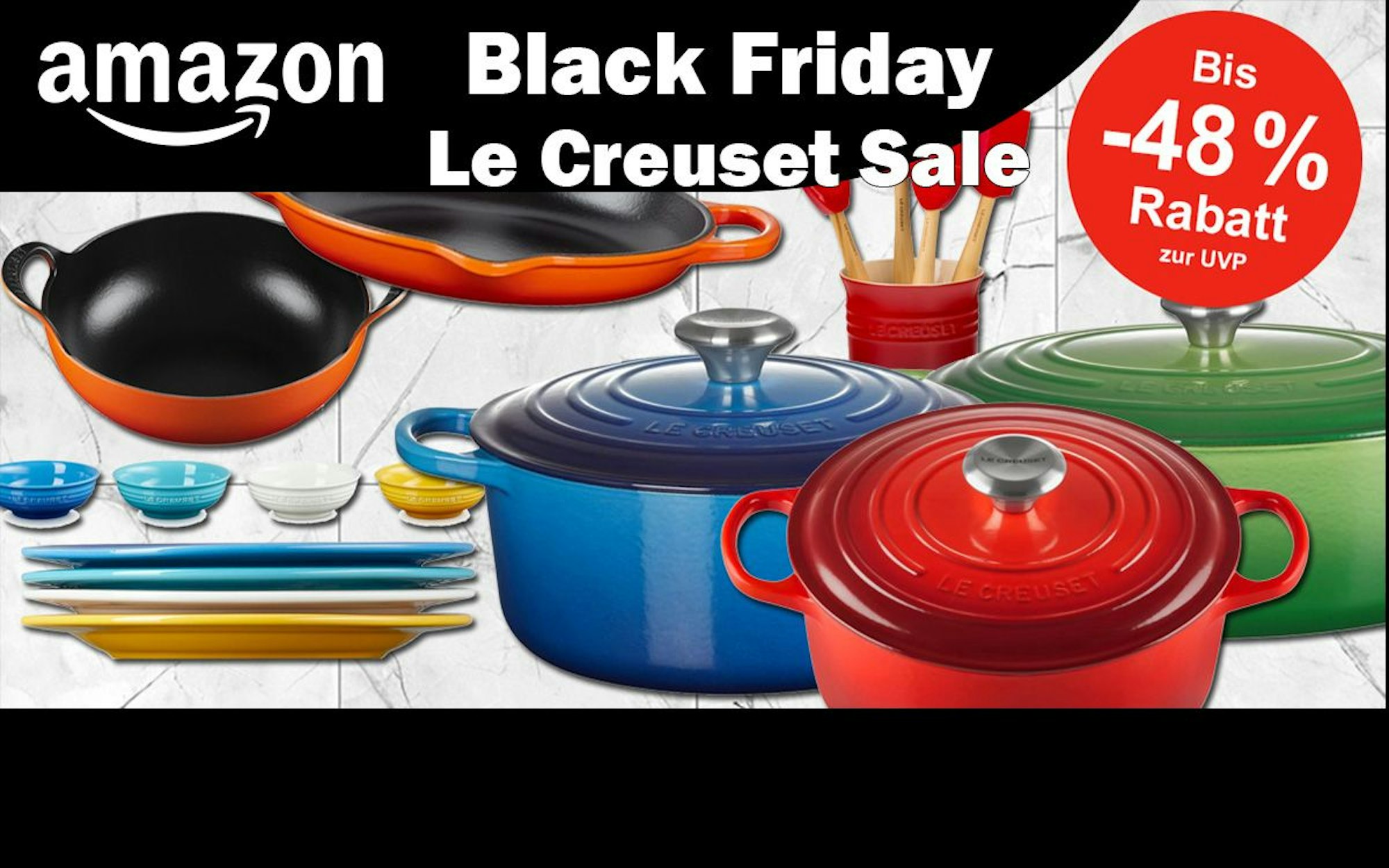 Verschiedene Produktbilder von Le Creuset Töpfen, Pfannen und Geschirr vor einem weißen Fliesen Hintergrund