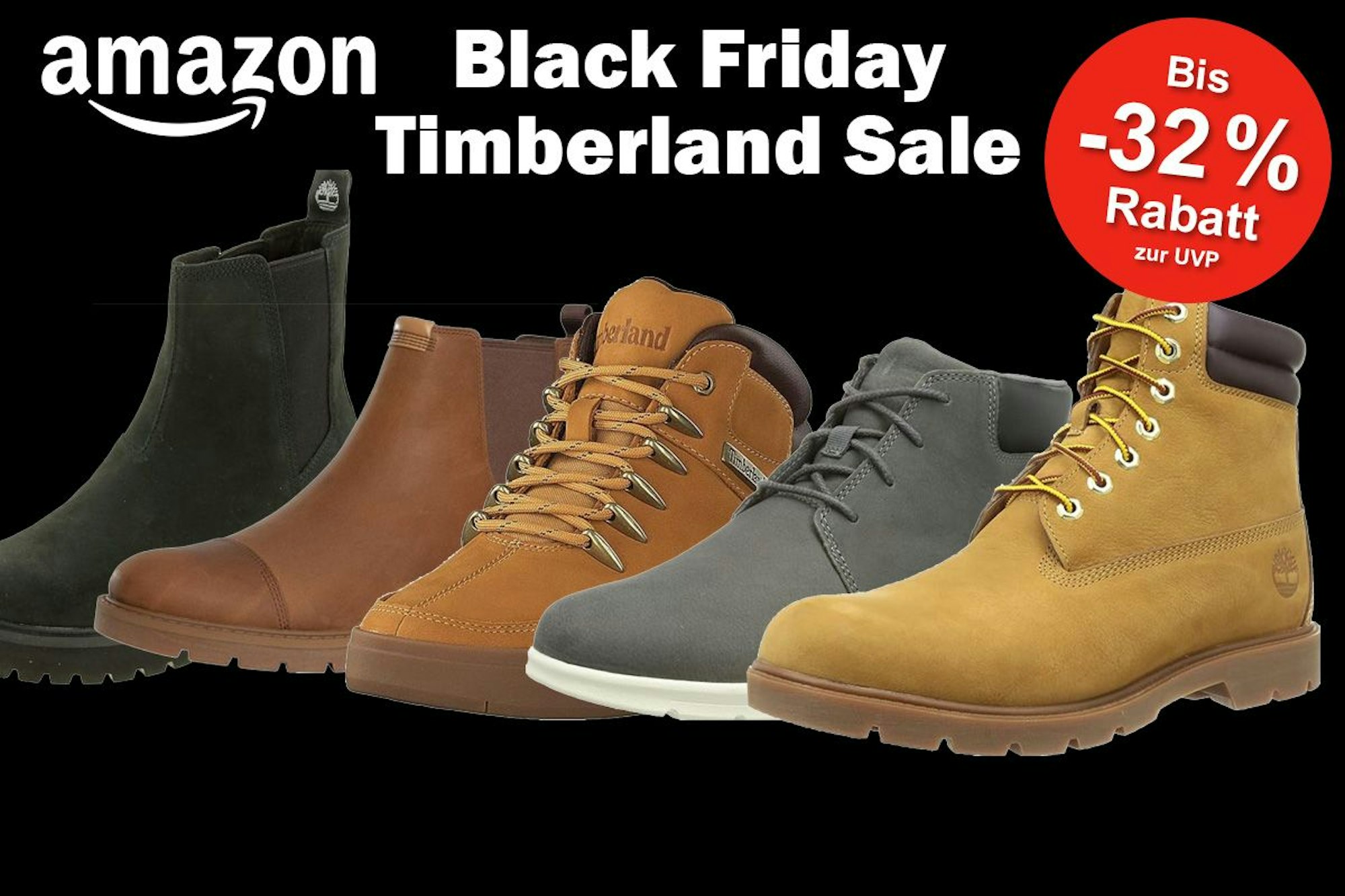 5 verschiedene Timberland Modelle vor einem schwarzen Hintergrund