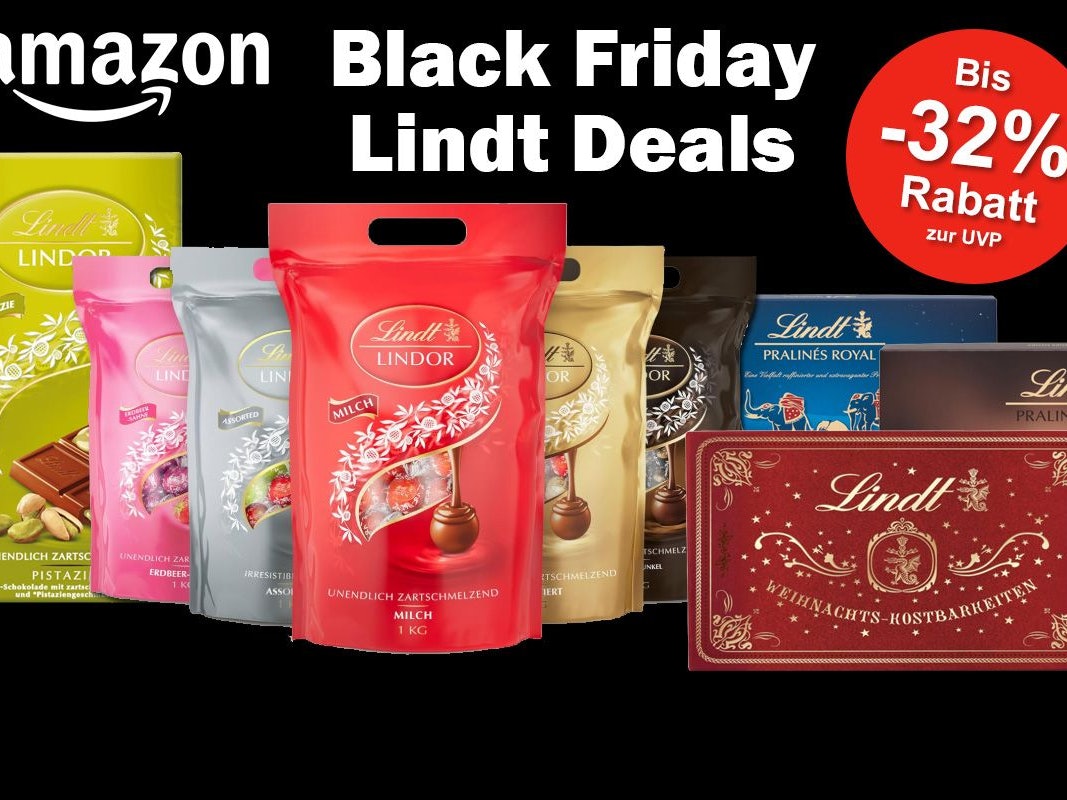 Verschiedenen Lindt Lindor Schokoladenkugeln Verpackungen, Lindt Pistatzien Tafel und 3 Lindt Pralinen Boxen vor einem schwarzen Hintergrund mit der Überschrift: Amazon Black Friday Lindt Deals.