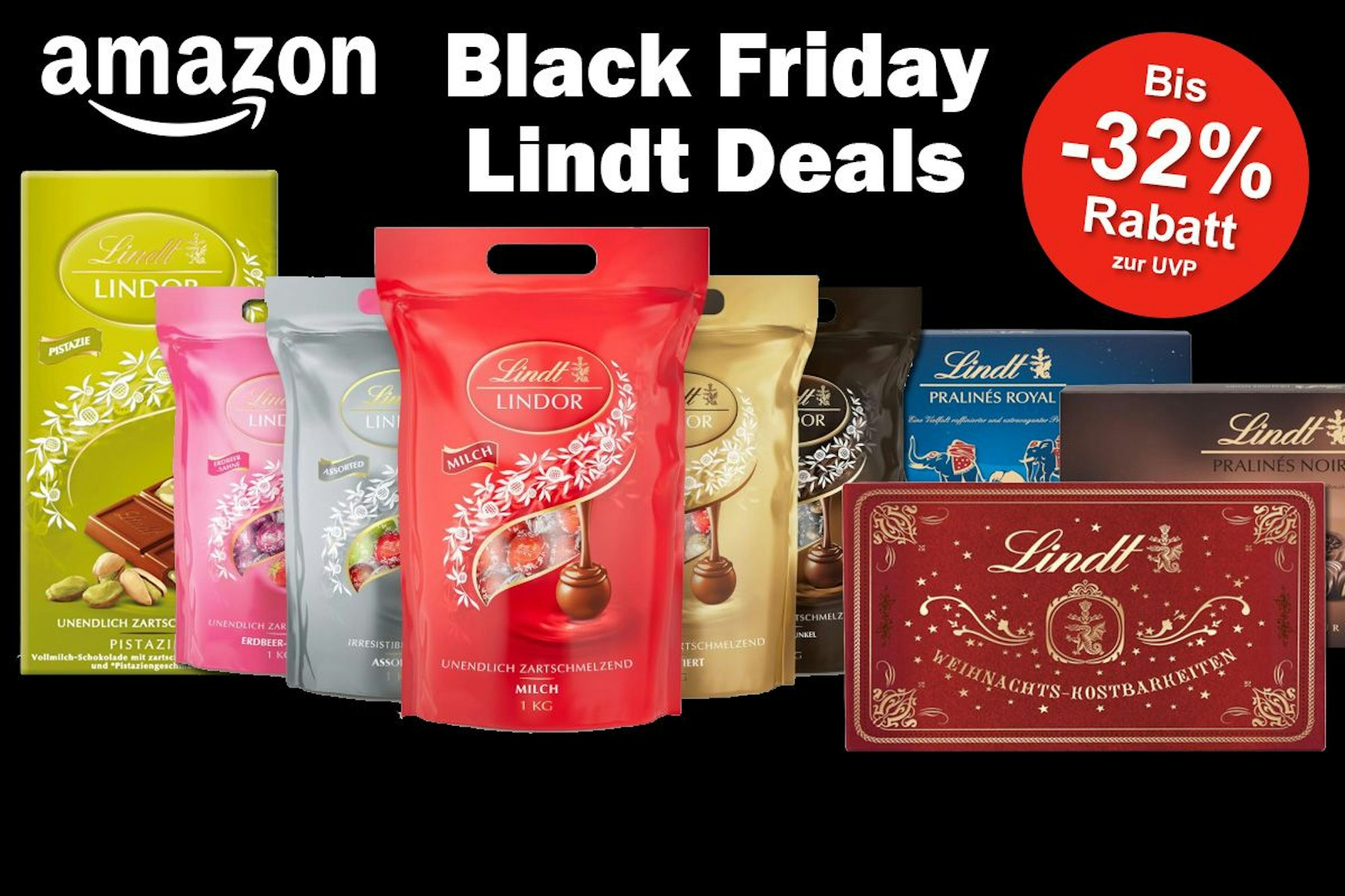 Verschiedenen Lindt Lindor Schokoladenkugeln Verpackungen, Lindt Pistatzien Tafel und 3 Lindt Pralinen Boxen vor einem schwarzen Hintergrund mit der Überschrift: Amazon Black Friday Lindt Deals.