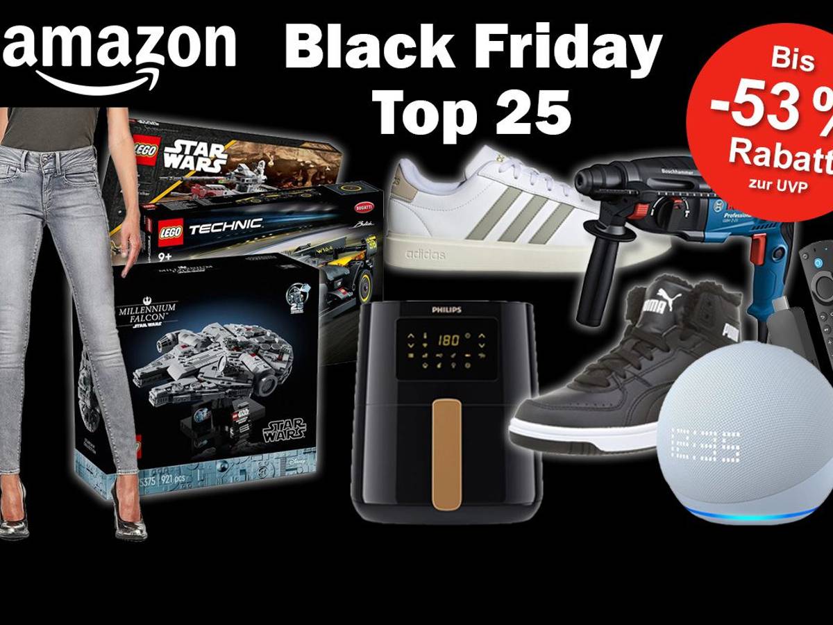 Produktbilder von Jeans, LEGO, Airfryer, Alexa, Sneaker, Bohrer, Fire TV Stick vor einem schwarzen Hintergrund