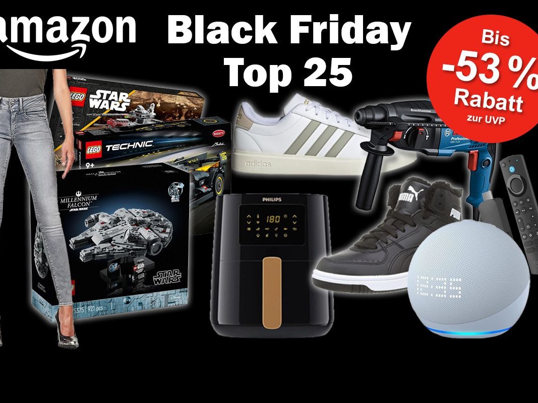 Produktbilder von Jeans, LEGO, Airfryer, Alexa, Sneaker, Bohrer, Fire TV Stick vor einem schwarzen Hintergrund
