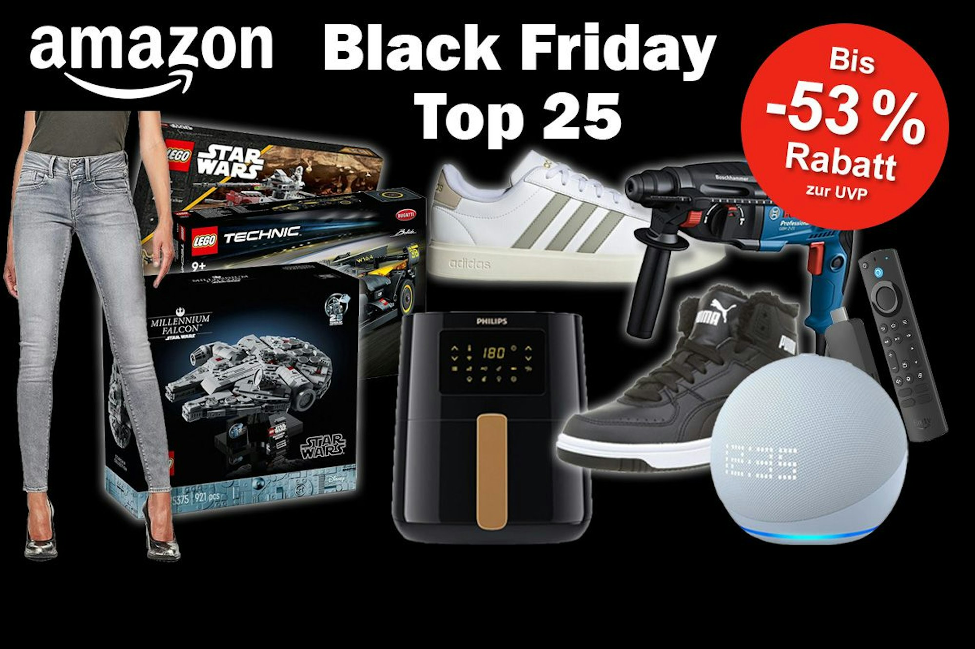 Produktbilder von Jeans, LEGO, Airfryer, Alexa, Sneaker, Bohrer, Fire TV Stick vor einem schwarzen Hintergrund