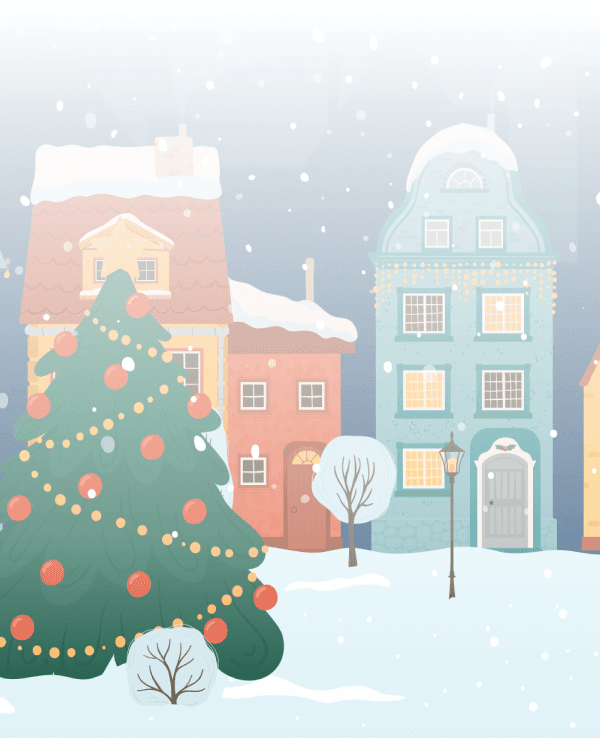 Illustrierte Schneelandschaft mit Weihnachtsbaum im Vordergrund.