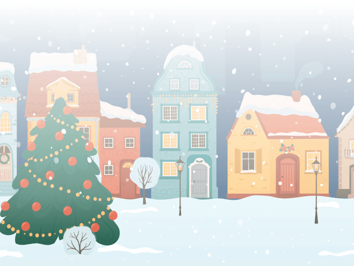 Illustrierte Schneelandschaft mit Weihnachtsbaum im Vordergrund.