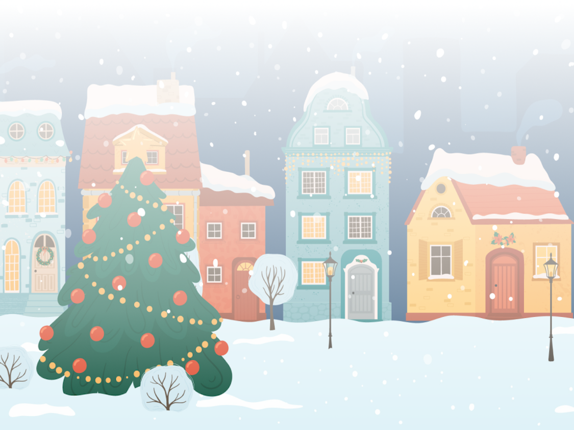 Illustrierte Schneelandschaft mit Weihnachtsbaum im Vordergrund.