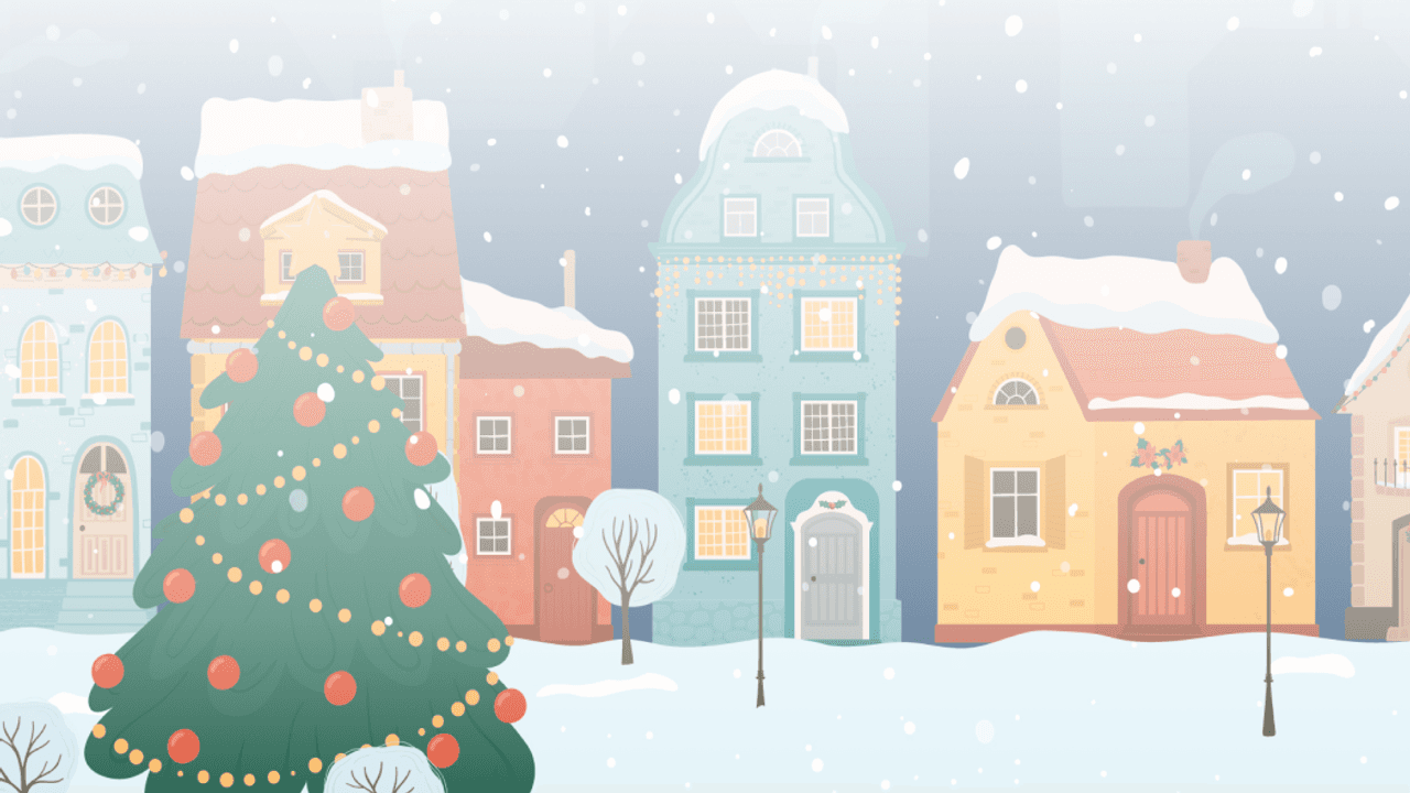 Illustrierte Schneelandschaft mit Weihnachtsbaum im Vordergrund.