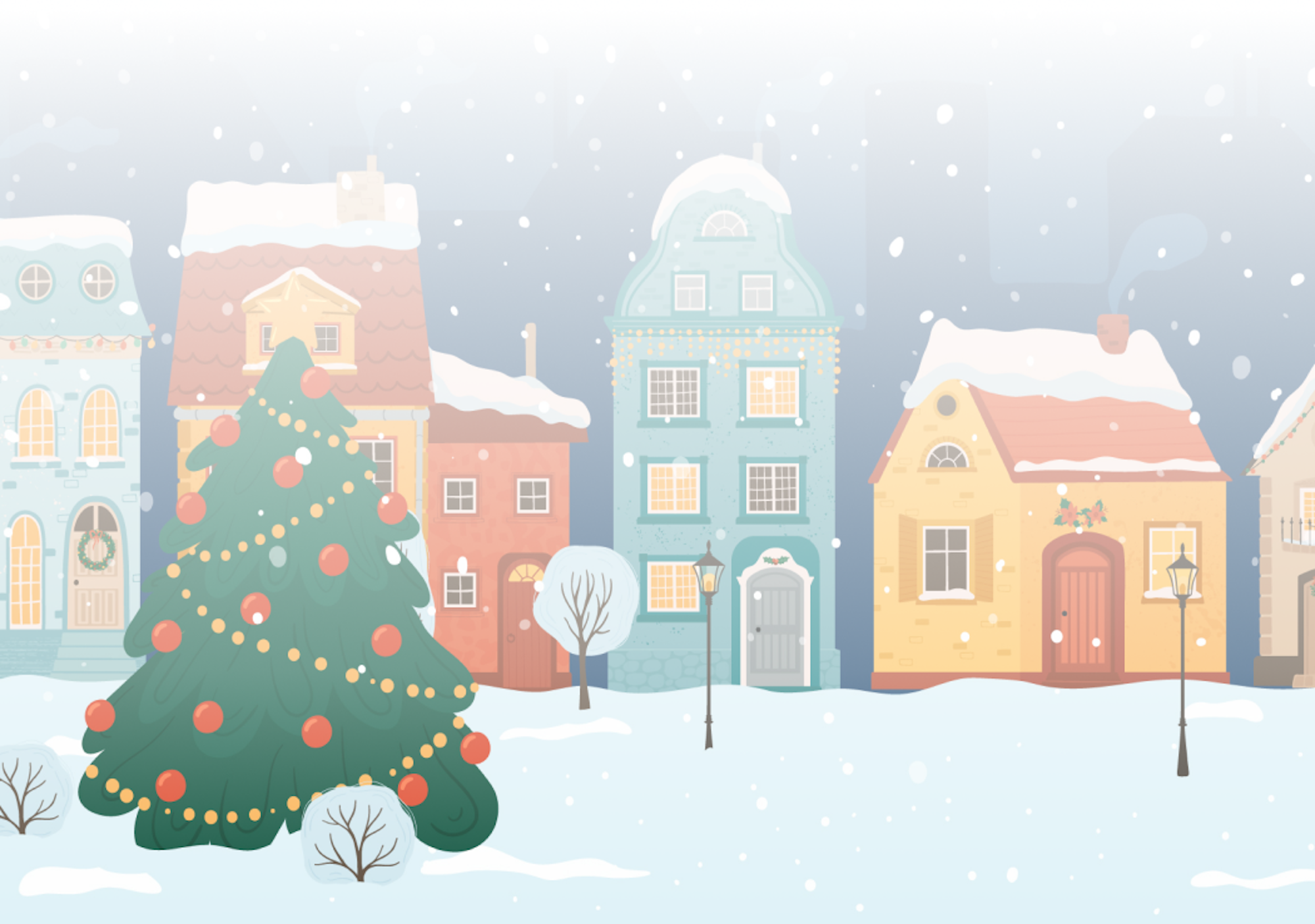 Illustrierte Schneelandschaft mit Weihnachtsbaum im Vordergrund.
