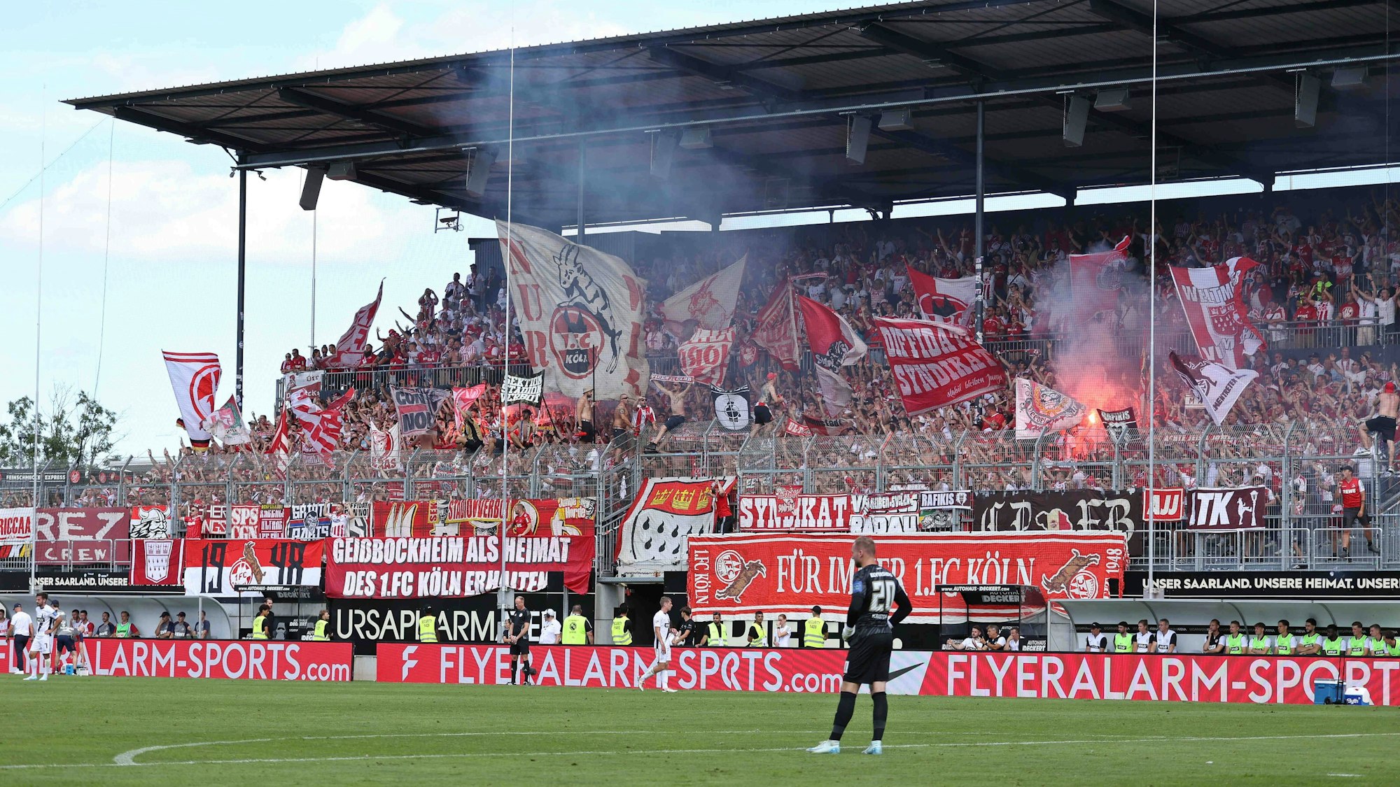 Die Fans des 1. FC Köln beim Spiel in Elversberg im Gästeblock.