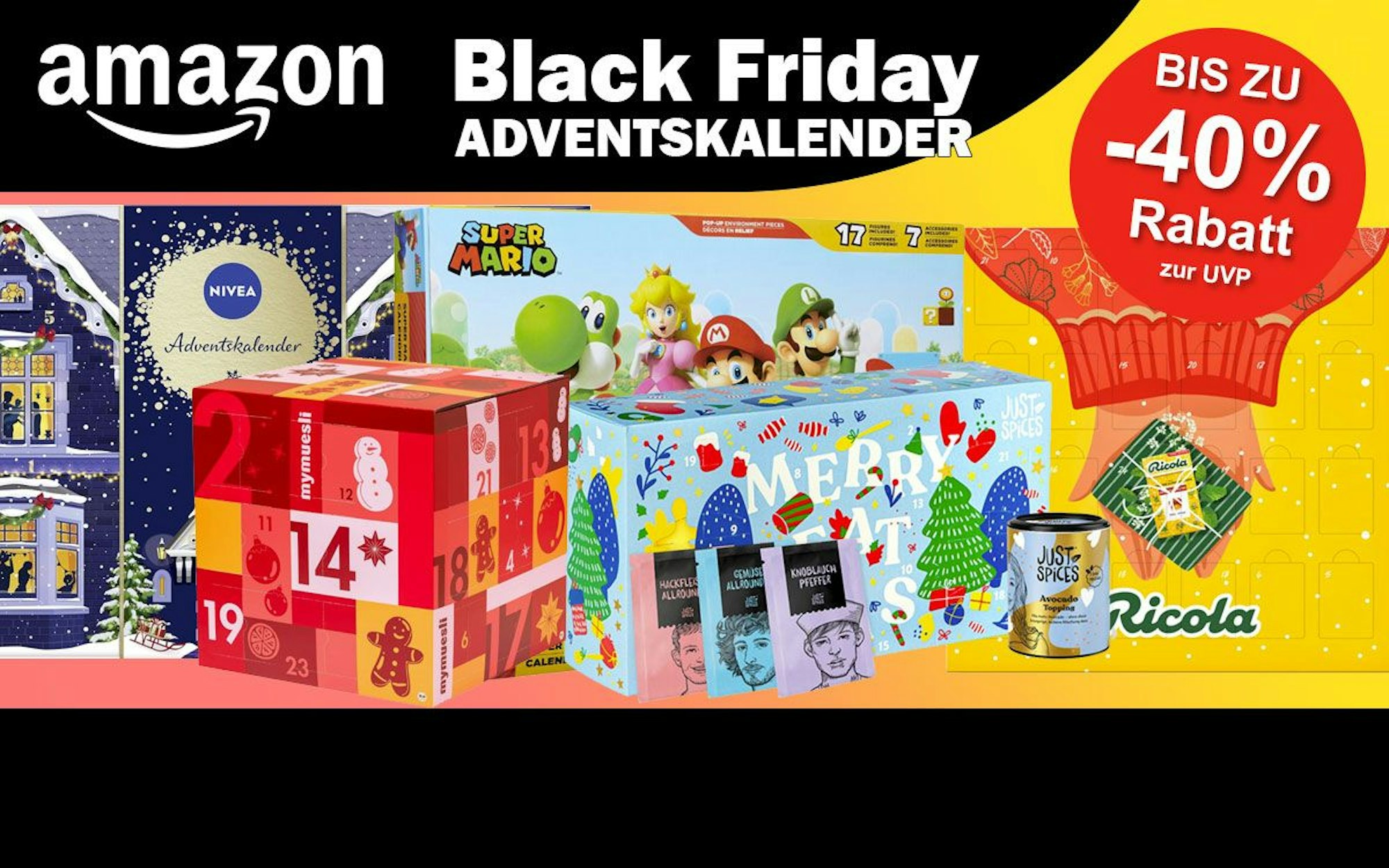 Auf dem Bild sind Adventskalender diverser Marken zu sehen, um das Kaufinteresse zu wecken.