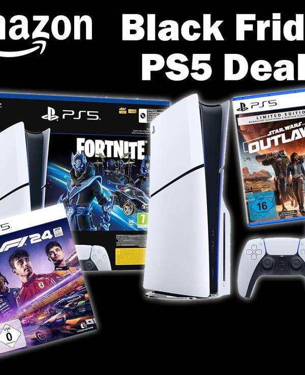 Sony PlayStation 5 Slim Produktbilder und PS5 Games wie Spider-Man 2 und Star Wars Outlaws und PS5 Headset vor schwarzem Hintergrund.