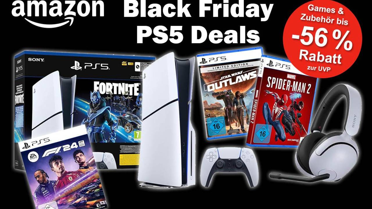 Sony PlayStation 5 Slim Produktbilder und PS5 Games wie Spider-Man 2 und Star Wars Outlaws und PS5 Headset vor schwarzem Hintergrund.