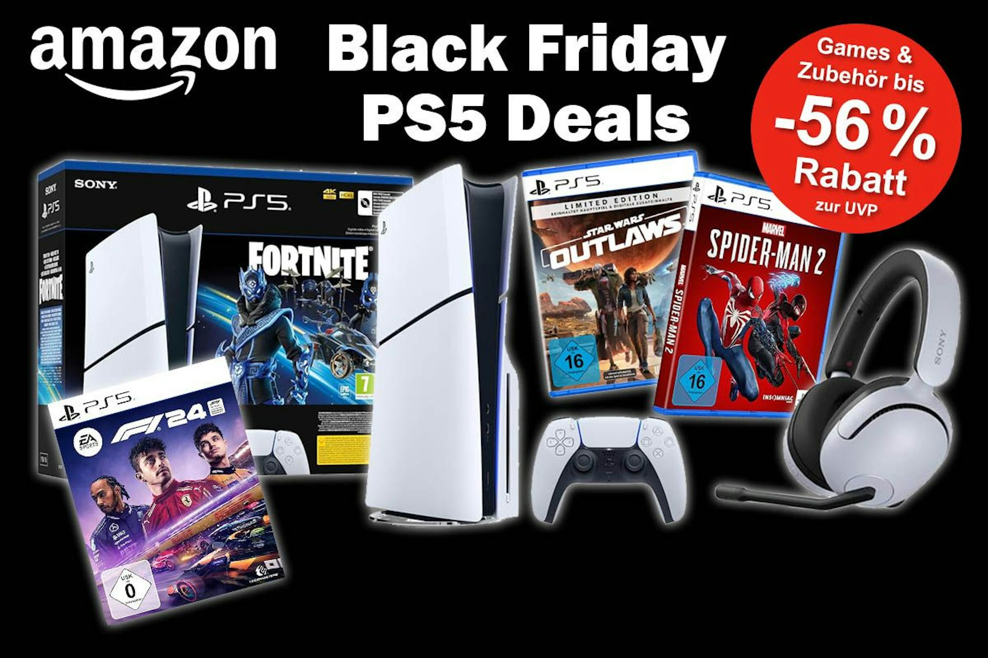 Sony PlayStation 5 Slim Produktbilder und PS5 Games wie Spider-Man 2 und Star Wars Outlaws und PS5 Headset vor schwarzem Hintergrund.